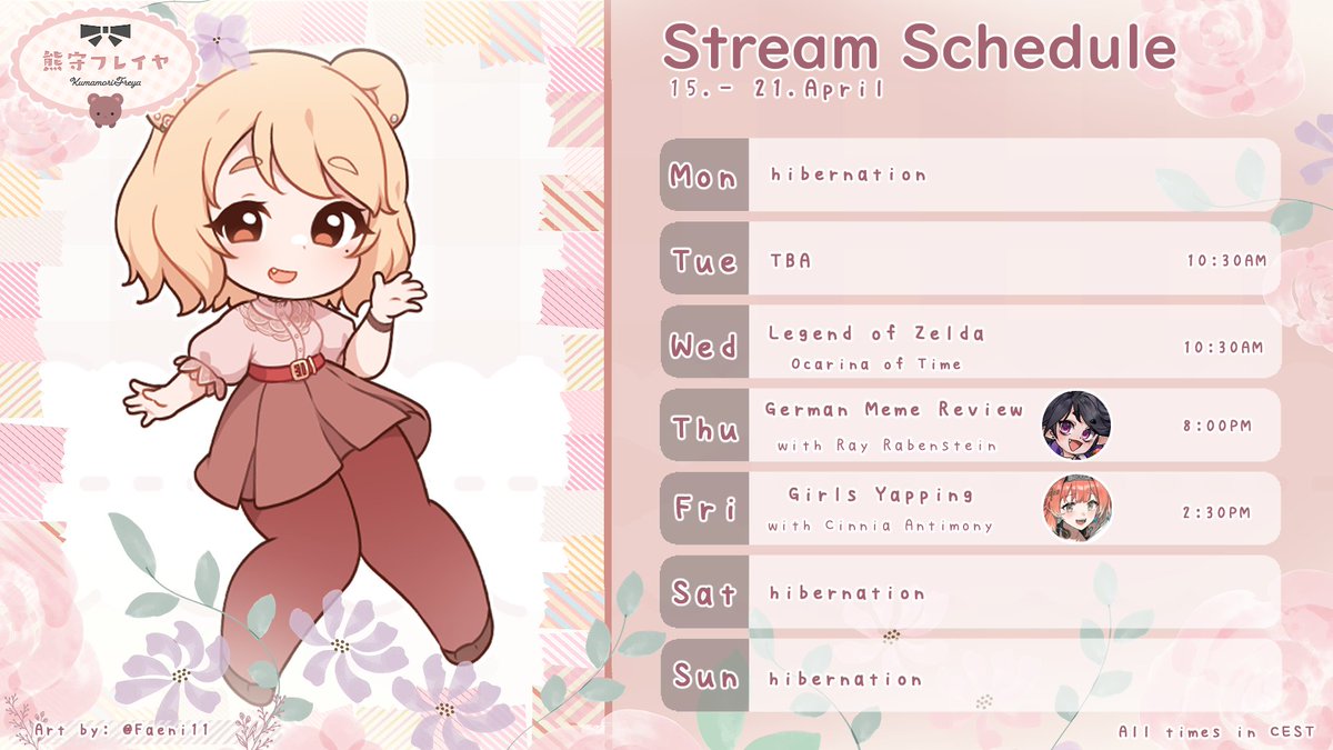 【🌷🩷SCHEDULE DROP🩷🌷】 ❁ 16.04: - TBA because I'm not 100% sure yet - ❁ 17.04: - Entering the Spirit Temple - ❁ 18.04: - German Memes Review Collab with @RayRabenstein 🥀🌙 ❁ 19.04: - Girls Hangout with @AntimonyCinnia ⚗️✨