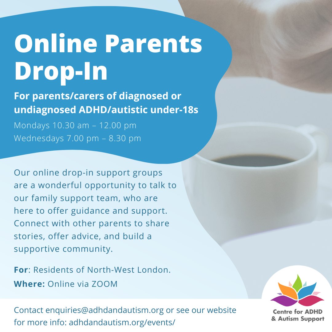 Our online drop-in sessions for parents/carers of children and teens in NW London are now running again after the Easter break. Join us on Monday or Wednesday to chat through any questions with our skilled support workers, learn about ADHD and Autism, and meet others like you.