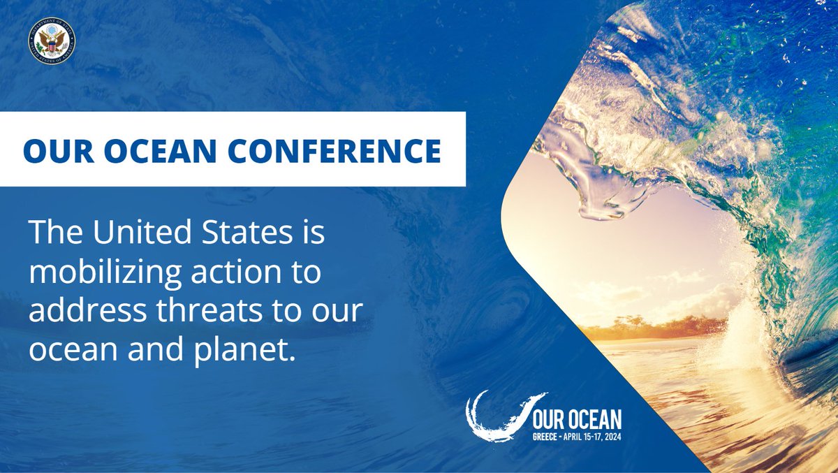 At the upcoming @OurOceanGreece, the United States looks forward to advancing ocean conservation, maritime security, sustainable fisheries, support for blue economies, and tackling impacts on the ocean from pollution & the climate crisis. @SciDiplomacyUSA #OurOcean #OurOcean2024
