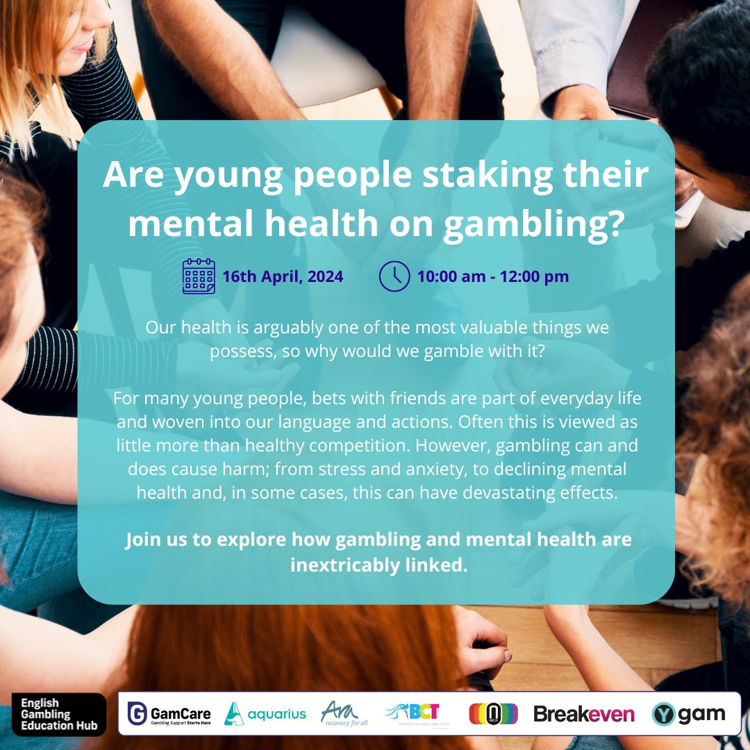 📣Last remaining tickets! Join the English Gambling Education Hub for their event tomorrow on 'Are young people staking their mental health on gambling?'. 📅 16th April 2024 ⏰ 10:00 am - 12:00 pm 👉Limited tickets left - ow.ly/88fa50RfWkC