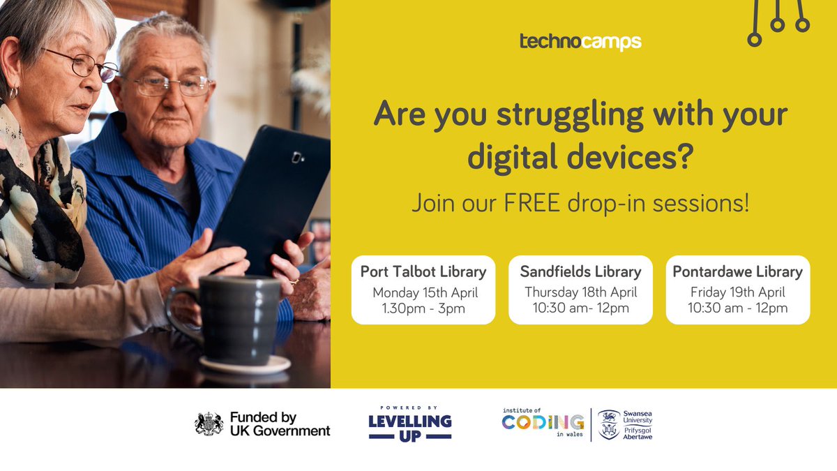 Our first digital skills drop-in session starts TODAY! 📖 Join us at @PorTalbotLib from 1.30pm - 3pm to ask all your digital questions! 🖥️ All welcome, no need to book, just turn up! Find out more 👇 technocamps.com/en/event/port-… @SwanseaUni @NPTLibraries @NPTCouncil