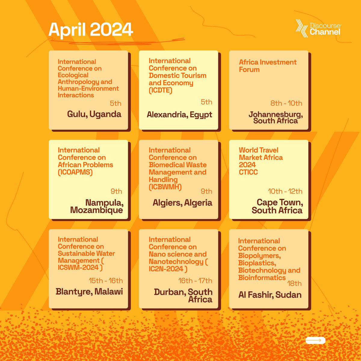DChannelAfrica's tweet image. Explore the heartbeat of Africa in April 2024!

 🗓️ Dive into a curated calendar of events and conferences that celebrate the richness of our continent. 
Don’t miss out on the vibrant discussions and connections shaping the future! #AfricanEvents #africandiscoursechannel