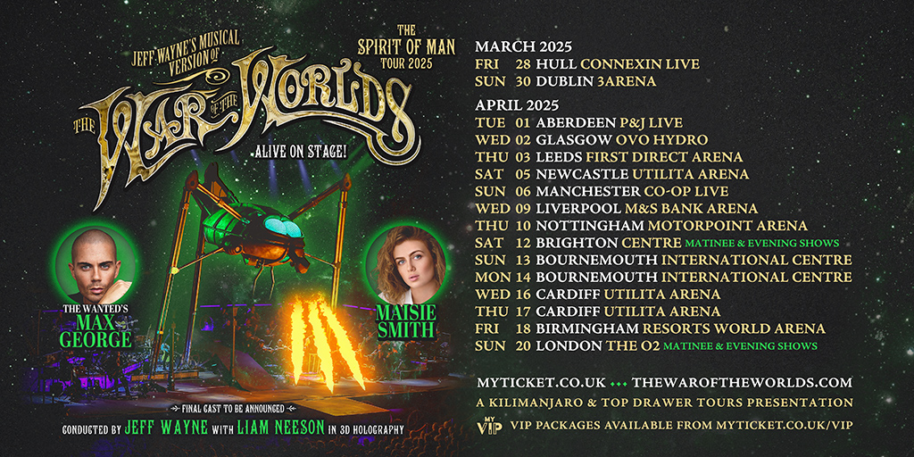 JUST ANNOUNCED: The Wanted’s Max George and ex-Eastender’s Maisie Smith will play the married couple Parson Nathaniel & wife Beth, in the iconic Jeff Wayne’s The War of The Worlds ‘The Spirit of Man’ arena tour in 2025.   Grab your tickets: bit.ly/3R8VwGO