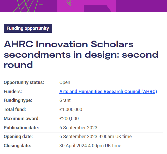 Only two weeks left to apply to become an Innovation Scholar in Design! These secondments are open to researchers at any stage in their career to develop skills by delivering a design-focused project. ⏰ Closing date: 30 April 2024: orlo.uk/jqwOX