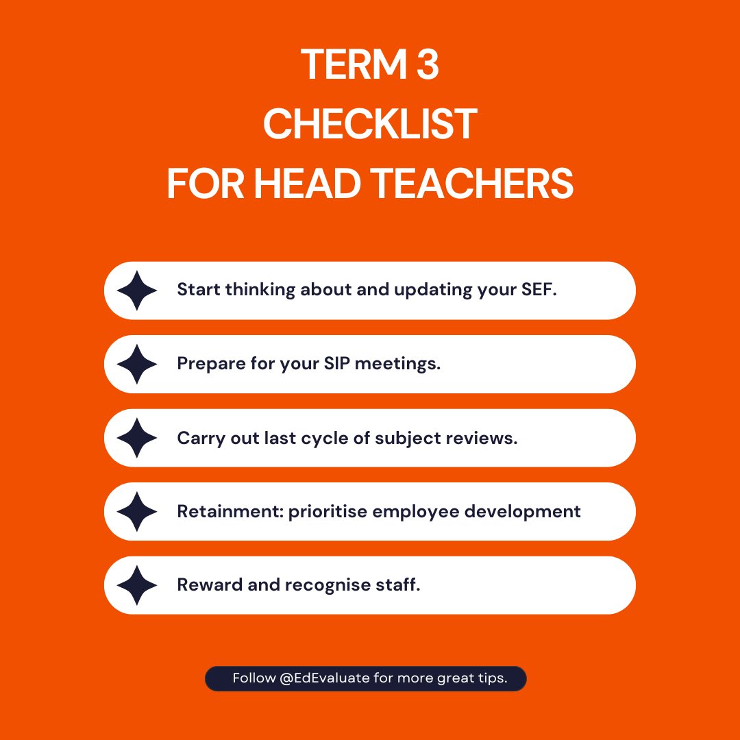 🚀We hope everyone's first day back went well.

To support our #HeadTeachers we've put together a checklist for #Term3. ✅

If you want to reap the benefits of #EdTech then explore our live #SEF, #SIP and #SubjectReviews. 

🔗Simply go to evaluate-ed.com.

#back2school