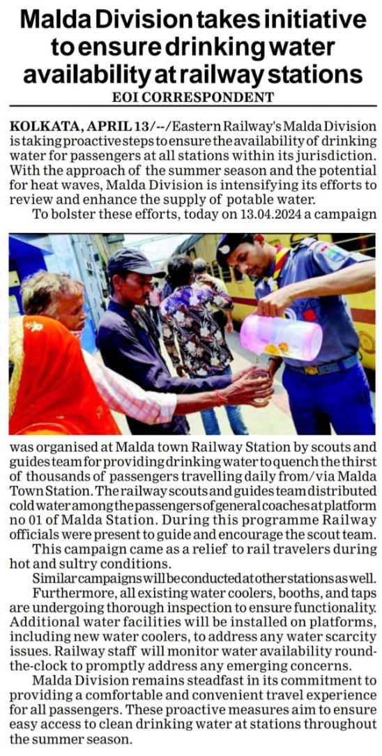 Malda Division takes initiative to ensure drinking water availability at railway stations