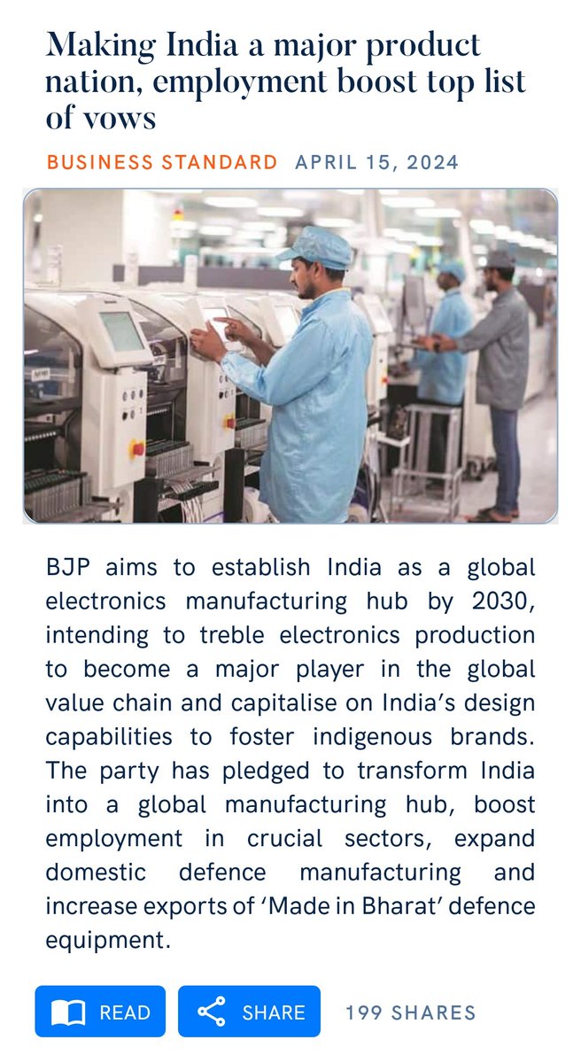 Under the leadership of PM @narendramodi Bharatiya Janata Party (BJP) has pledged to transform India into a global manufacturing hub and boost employment in crucial sectors such as electronics, defence, mobile & automotive. Kudos Team Modi 👏👏 business-standard.com/elections/lok-…
