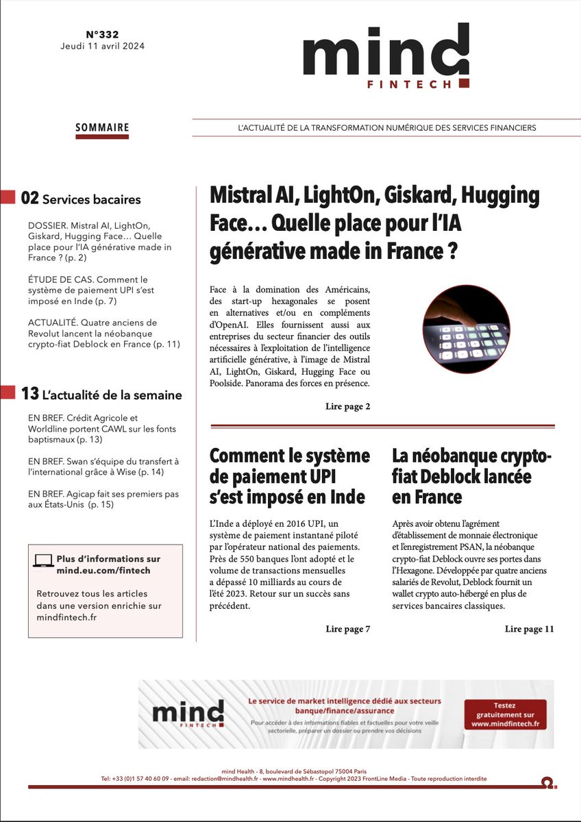 📯 [Hebdo n°332] Au sommaire de <a href="/mindfintech/">mind Fintech</a>  
👉 lnkd.in/eXf-fAgM

☑️ <a href="/MistralAI/">Mistral AI</a>, <a href="/LightOnIO/">LightOn</a>, <a href="/giskard_ai/">Giskard</a>, <a href="/huggingface/">Hugging Face</a>… Quelle place pour l’IA générative made in France ?
☑️ Comment le système UPI s’est imposé en Inde
☑️ Quatre ex-@RevolutApp lancent <a href="/DeblockApp/">Deblock</a>