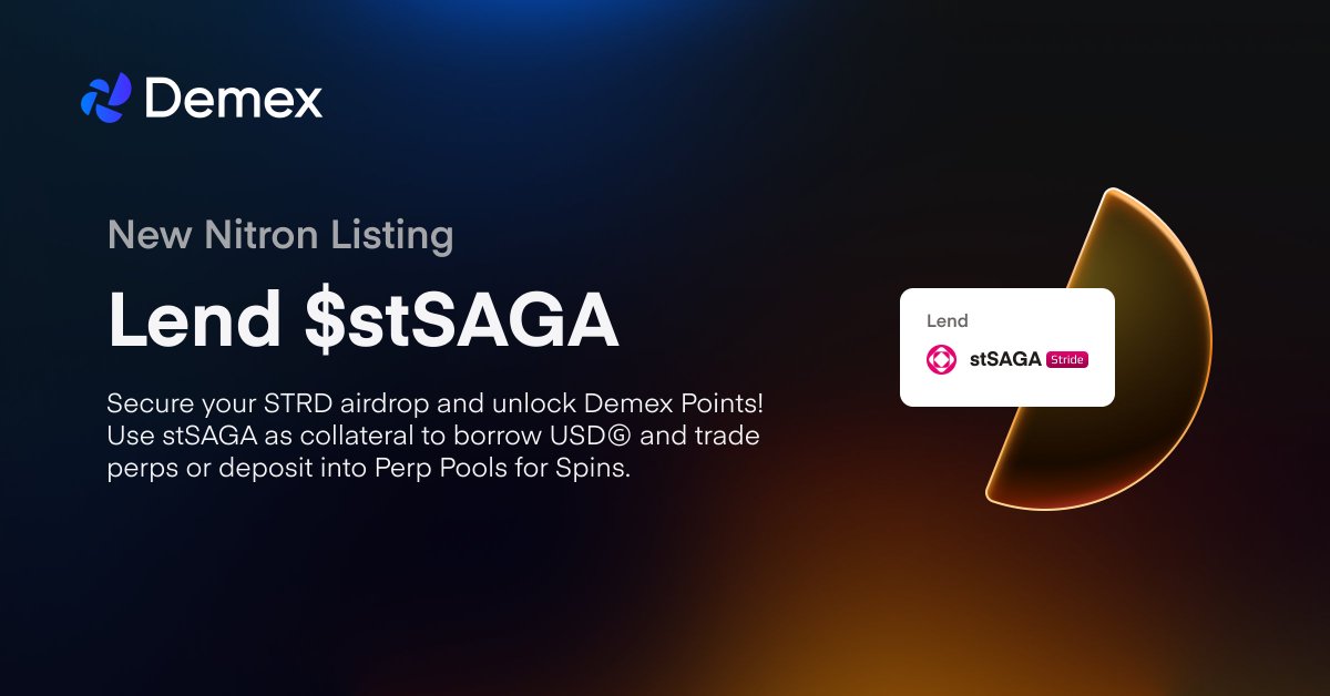 stSAGA is now live on Nitron, making us the first money market to support it as collateral 💗🔥 use stSAGA to borrow USDⒼ and trade perps to 🔸 accumulate Carbon Credits to offset trading fees 🔸 collect spins for Demex Points 🔸 earn STRD through the stSAGA airdrop…
