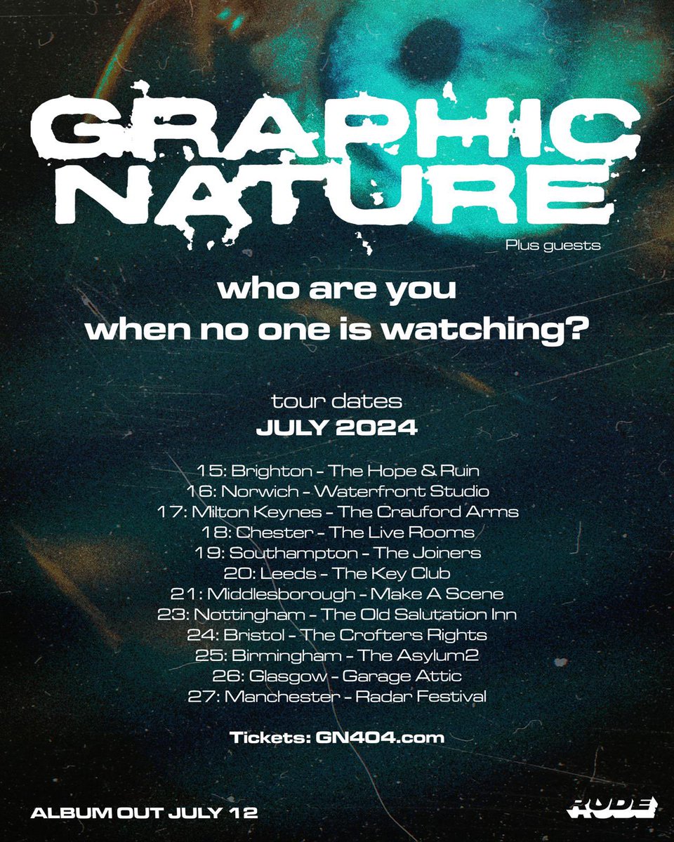TICKETS ON SALE NOW. Graphic Nature’s headline tour in support of their second album “Who Are You When No One Is Watching?” is on sale now. These shows are expected to sell fast so grab tickets now to avoid disappointment. Tickets available here - GN404.COM