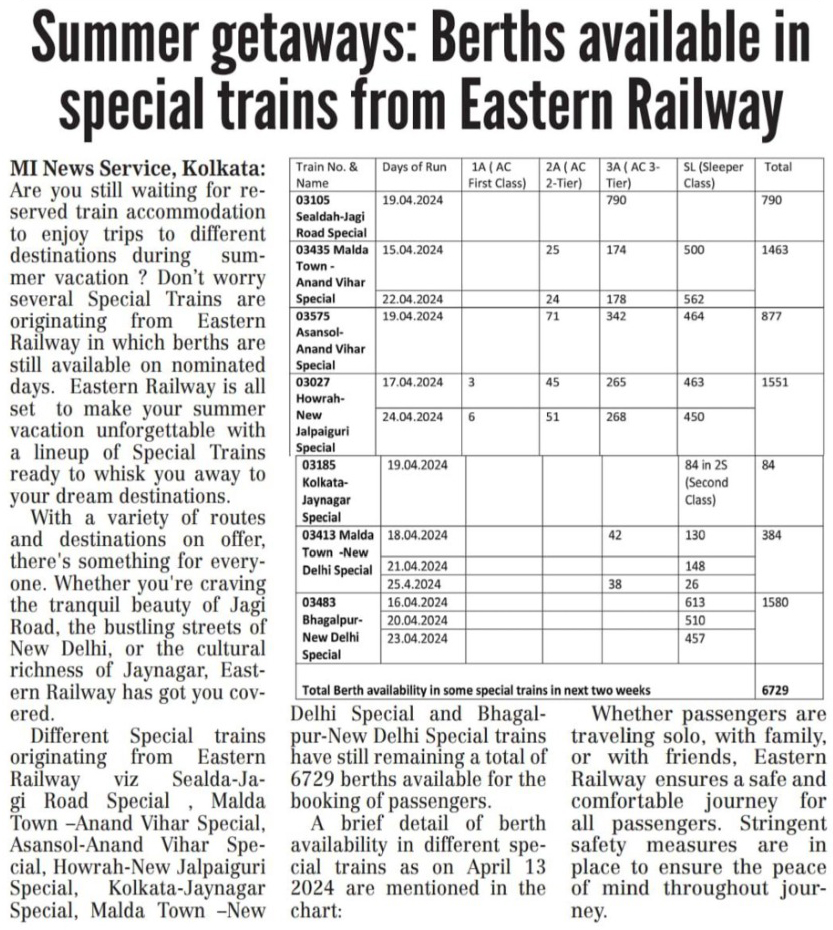 Summer getaways: Berths available in special trains from Eastern Railway