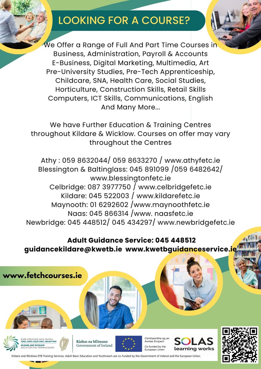 Would you like to upskill or reskill? Come along to our Open Days in Celbridge, Newbridge, Athy on Wednesday 8th May for more information on new courses starting in the Autumn @KWETB @SOLASFET
@FETRC_DCU @FETColleges_IE 
@LeadwithKWETB @Thisisfet 
 #KWETB #courses #skills