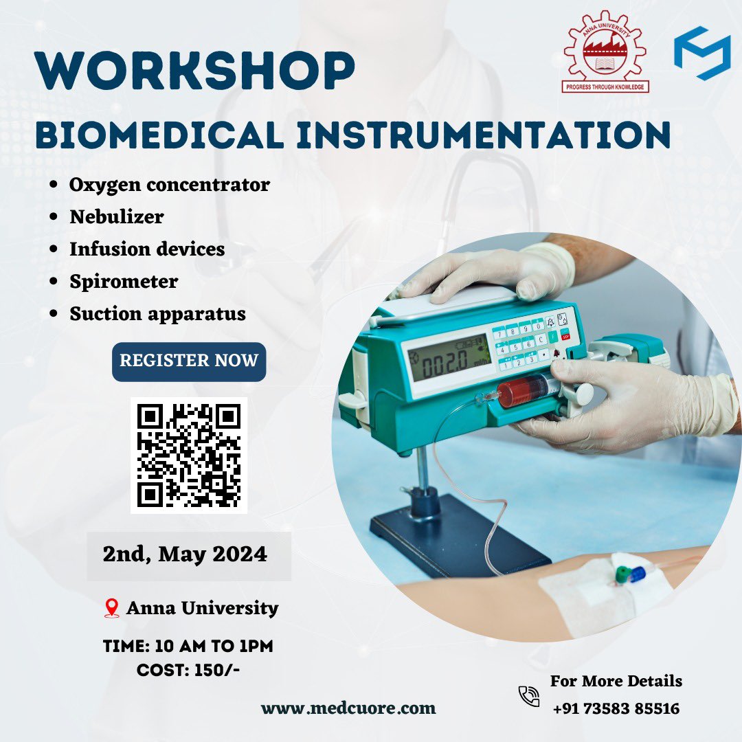 Join us at @aufastupdates for a cutting edge Biomedical Instrumentation Workshop on May 2nd Gain hands-on experience with key medical devices Register now to expand your skills 

#BiomedicalWorkshop #HealthTechInnovation #MedicalDevicesTraining #AnnaUniversity #SkillDevelopment