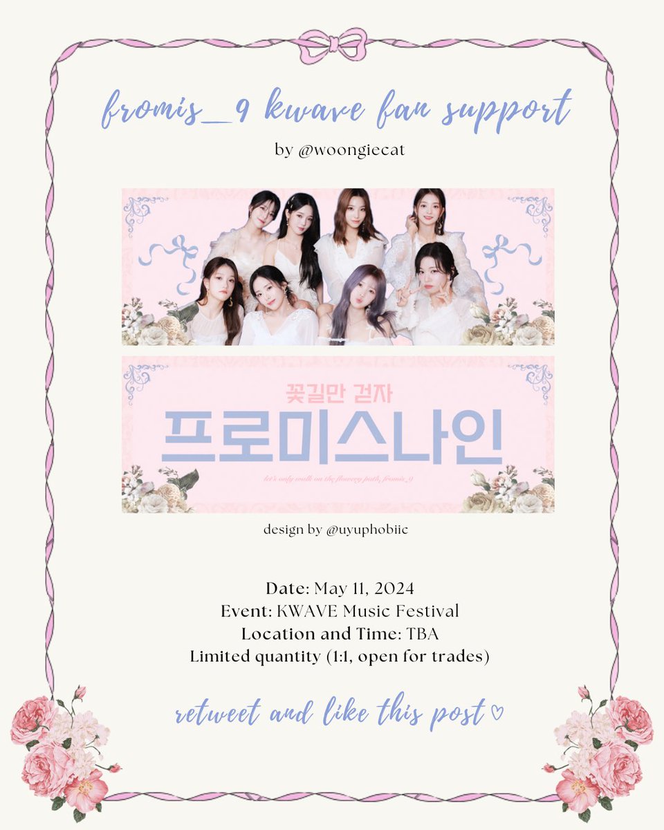 woongiecat's tweet photo. #KWAVEPH fan support by @woongiecat

for #fromis_9 🩷🎀🌸

(banner design by @uyuphobiic)

♡ rt &amp; like this post
♡ 1:1 ratio (limited quantity)
♡ open for trades
♡ time &amp; location: TBA

🏷️ fromis_9 kwave freebies giveaway https://t.co/OerQ50k1PG