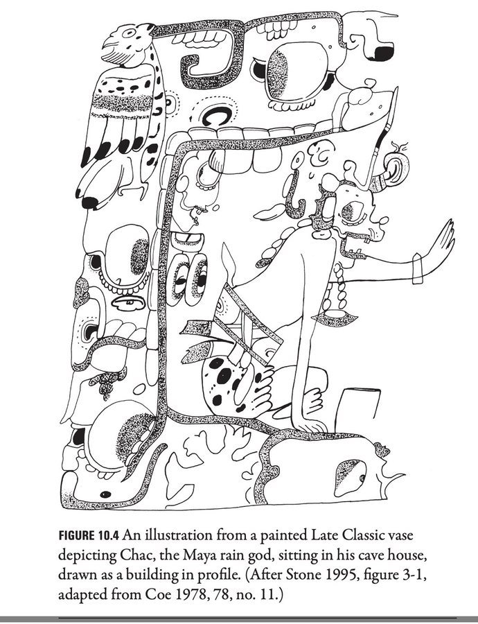 'An illustration from a painted Late Classic vase depicting Chac, the Maya rain god, sitting in his cave house'