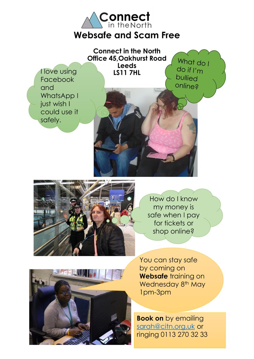 askingyouleeds's tweet photo. Next month, @ConnectintNorth are running a session for adults with a #LearningDisability in #Leeds on being #WebSafe and Scam-Free!
Learn about being safe online and on social media! It's on Wednesday 8th May from 1pm-3pm. Email sarah@citn.org.uk or call 0113 270 32 33 to book. https://t.co/Q5q0YOFDzH