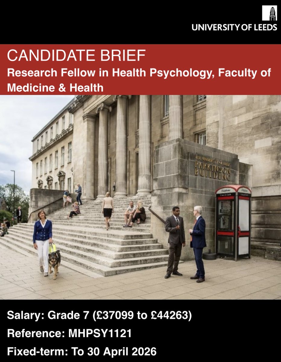 *Research Fellow in Health Psychology* Do you have a background in Health Psychology? Are you interested in testing the effectiveness of a behaviour change intervention to increase bowel cancer screening uptake? Come join us! Deadline: 30th April 2024 jobs.leeds.ac.uk/Vacancy.aspx?r…