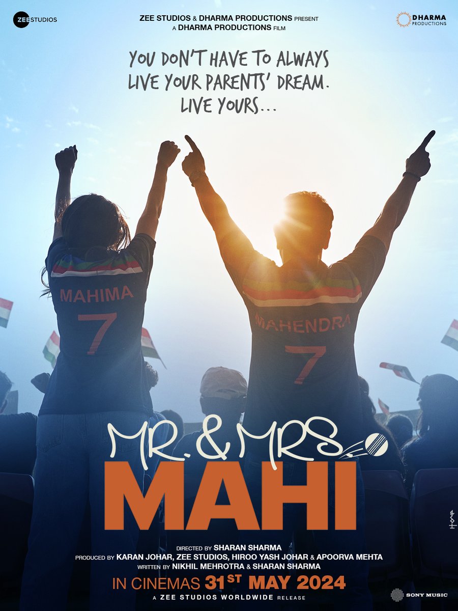 It's time to chase your dream!🏏
 
#MrAndMrsMahi in cinemas on May 31st, 2024!

#KaranJohar @apoorvamehta18 @RajkummarRao #JanhviKapoor #SharanSharma #NikhilMehrotra @somenmishra0 @ZeeStudios_ @sonymusicindia