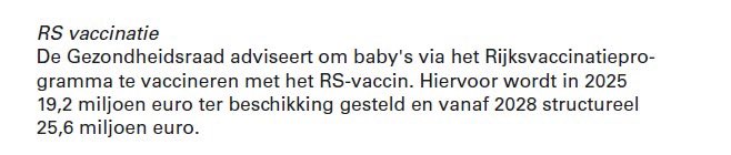 Geweldig nieuws voor jonge kinderen en ouders. Het kabinet maakt geld vrij om kinderen te vaccineren tegen het RS-virus. Hiermee kunnen we heel veel ziekteleed voorkomen! Goed dat @MaartenOoijen mijn aangenomen voorstel, dat hij eerder ontraadde, nu uitvoert.