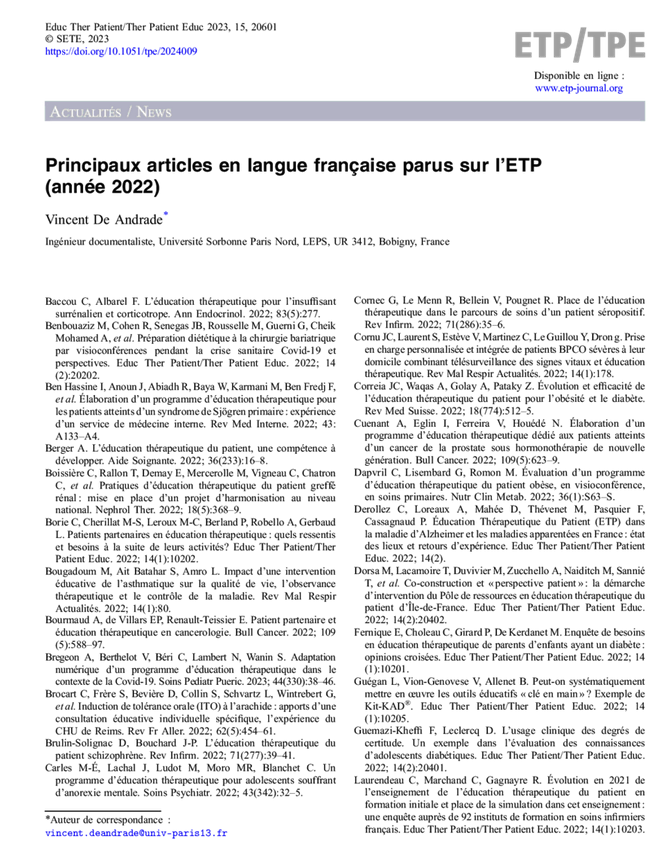 [Nouvelle publication] @Vincent_d_A @univ_spn 'Principaux articles en langue française parus sur l’#ETP (année 2022)' via @EDPSciences etp-journal.org/articles/tpe/a…