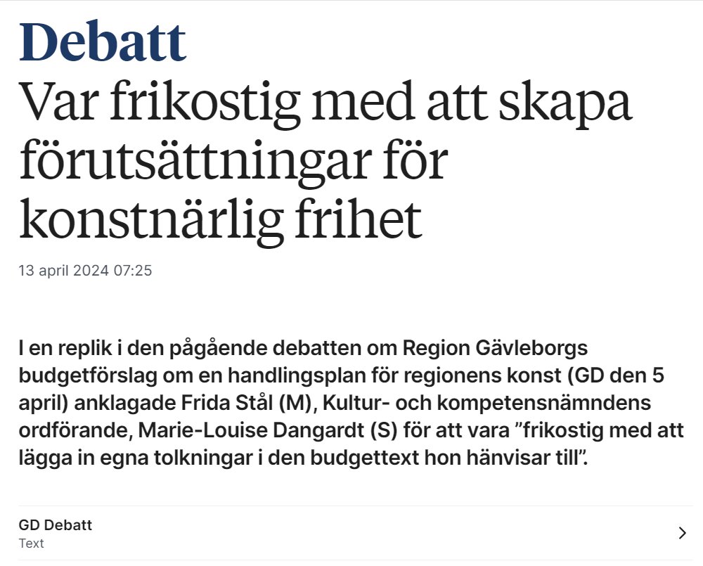 Var frikostig med att skapa förutsättningar för konstnärlig frihet skriver vi i en debattartikel om Region Gävleborgs budgetförslag om en handlingsplan för regionens konst. kro.se/nyheter/debatt…