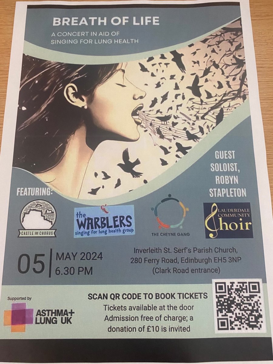 Concert in aid of Singing for Lung Health Join Breath of Life on Sunday 5 May at 6.30 pm. At Inverleith St Serf's Parish Church, 280 Ferry Road, Edinburgh EH5 3NP.