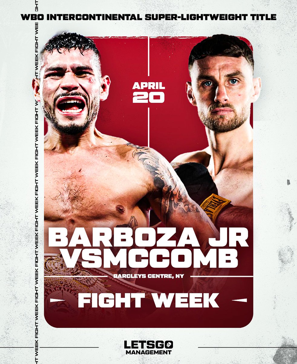 FIGHT WEEK!! 🗽🇺🇸 @sugarseantl will face Barboza Jr this Saturday as co-main event in New York at the Barclays Centre, headlined by Ryan Garcia Vs Devin Haney! Live @DAZNBoxing 📺 @GoldenBoyBoxing @OscarDeLaHoya WBO INTERCONTINENTAL TITLE! 🗓️ April 20th 📍New York, America