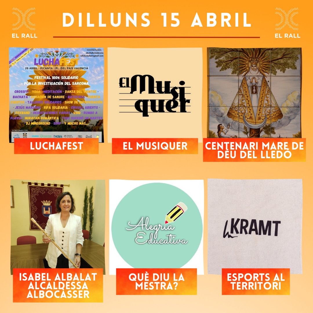 ElRall's tweet photo. ✊Hui, dilluns, parlem sobre el #LuchaFest per la investigació del #sarcoma, tenim les seccions de @paulalerinm, @irenealegria_ i @EMusiquer, conversem amb l'alcaldessa d'#Albocàsser (@Aj_Albocasser)...

➡️També estem pendents de l'#IFTàrbena.

📻A les 12 h en @apunt_media! https://t.co/5bRBPe4Ims