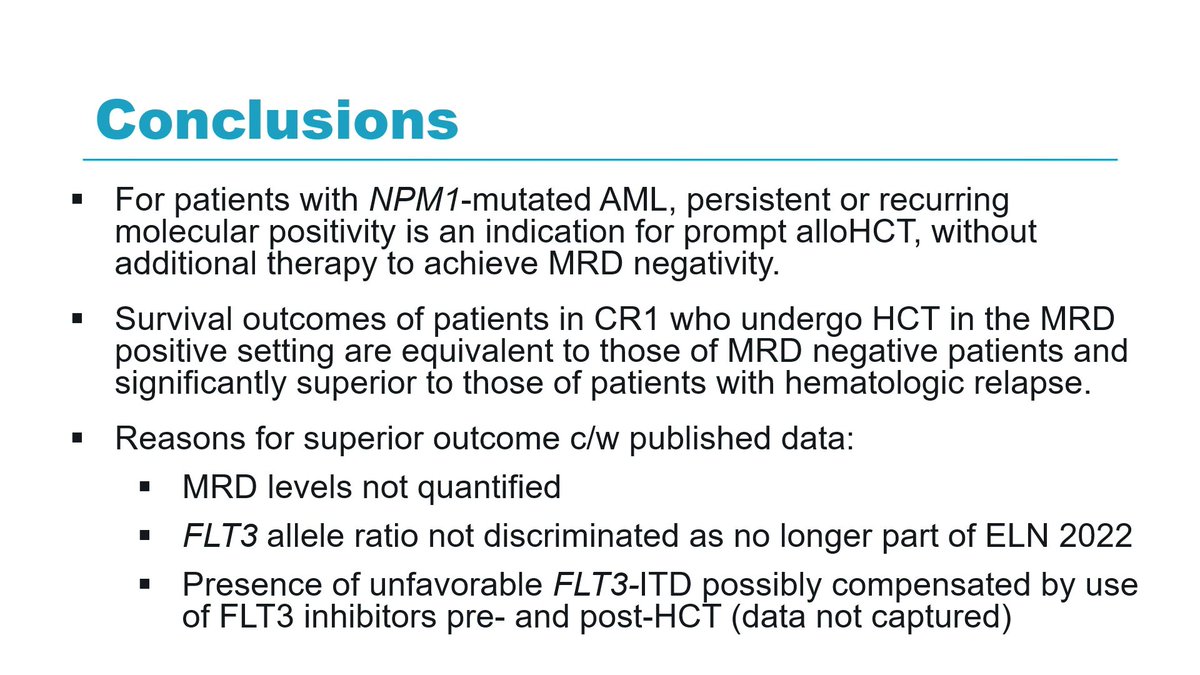 Congress | #EBMT24 Gesine Bug, @goetheuni highlights a retrospective analysis of outcomes of patients with NPM1-mut AML with MRD persistence or relapse who received allo-HSCT. Patients with molecular recurrence in CR1 transplanted before progressing to hematological relapse had…