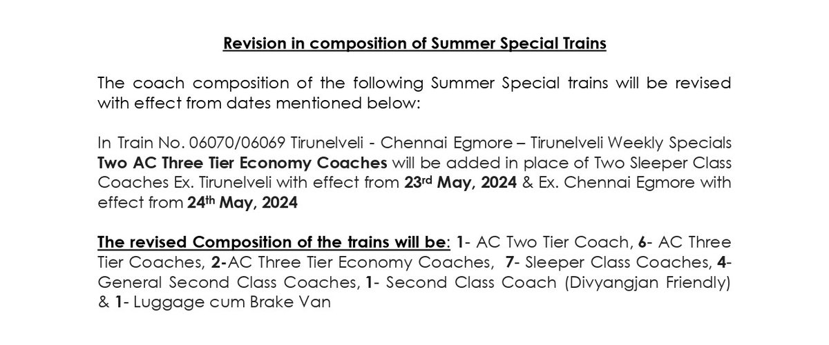 The coach composition of Train No. 06070/06069 #Tirunelveli - #Chennai Egmore – Tirunelveli Weekly Specials be revised with effect from 23rd May 2024. Passengers, kindly take note and plan your journey.

#SouthernRailway #RailwayUpdate #SpecialTrain #RailwayAlert