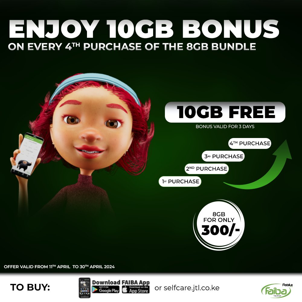 Deals Safi Sana Na Faiba Mobile!! GET 10GB BONUS on every 4th purchase of the 8GB Weekly Data Bundle for Ksh 300. Bonus Valid 3 Days. To buy, Download #FaibaApp or use selfcare.jtl.co.ke Offer Valid 11th April to 30th April 2024. #GetFaiba