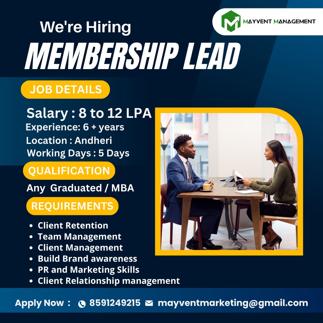 Mayvent Management is hiring for Membership Lead
.
.
.
#mayvent #jobsmayvent #membershipleadjobs #clientInteraction #hiring #experiencedjobs #jobalert #recruitment #hiringnow #andheri #jobopening  #relationshipmanagement #clientrelationship #clientservicing #relationshipbuilding