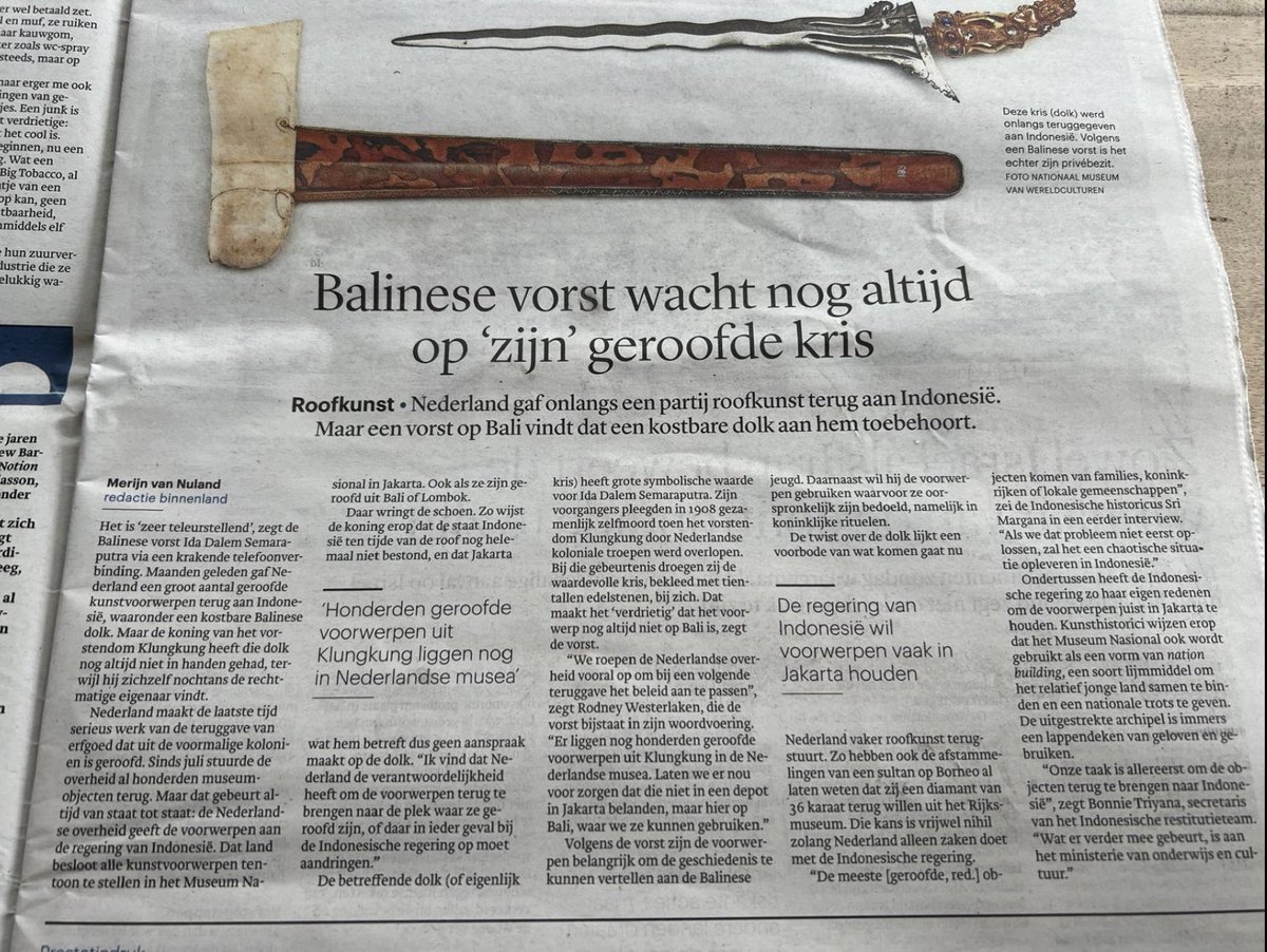 Read about our efforts in Dutch Newspaper Trouw to aid the King of Klungkung in reclaiming his looted artifacts. Our dedication to justice and cultural preservation continues. #CulturalRestitution #Justice #Preservation #KlungkungKingdom #HeritageMatters