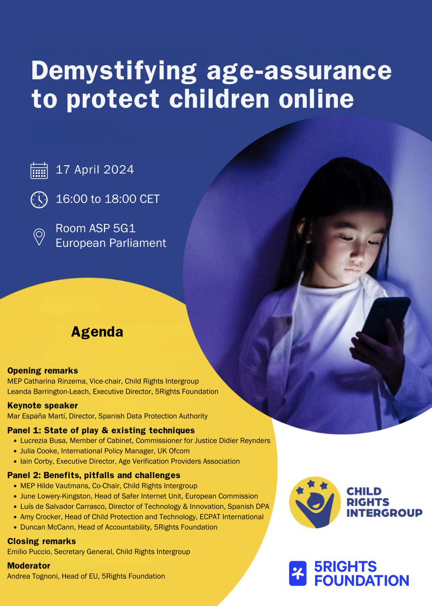 Join us this Wednesday, 16h—18h CET, for a discussion about age-assurance methods and the protection of children online. The Intergroup's vice chair @CRinzema will host the event, joined by some extraordinary speakers from @5RightsFound, @Ofcom, and the @AEPD_es. 1/2