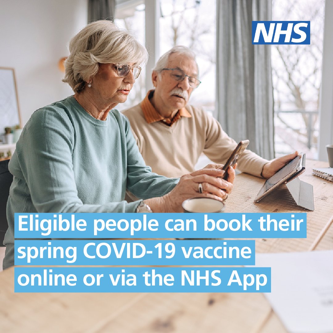From today (15 April) you can book your spring COVID-19 vaccine online or on the NHS App if you are eligible. Appointments will start from 22 April. You don't need to wait to be invited. Find out more and book now at nhs.uk/book-vaccine