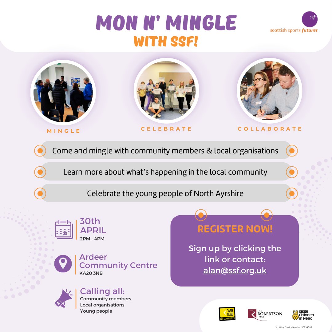 Mon 'N' Mingle FREE Event North Ayrshire 📢 🟠 Meet the Team👋 🟣 Hear from the amazing Young People of North Ayrshire🎤 🟠 Get info on what's happening in the community & how to get involved💭 Sign up here⬇️ forms.office.com/e/YGwP3SZtAP @North_Ayrshire @NAActiveSchools @KALeisure