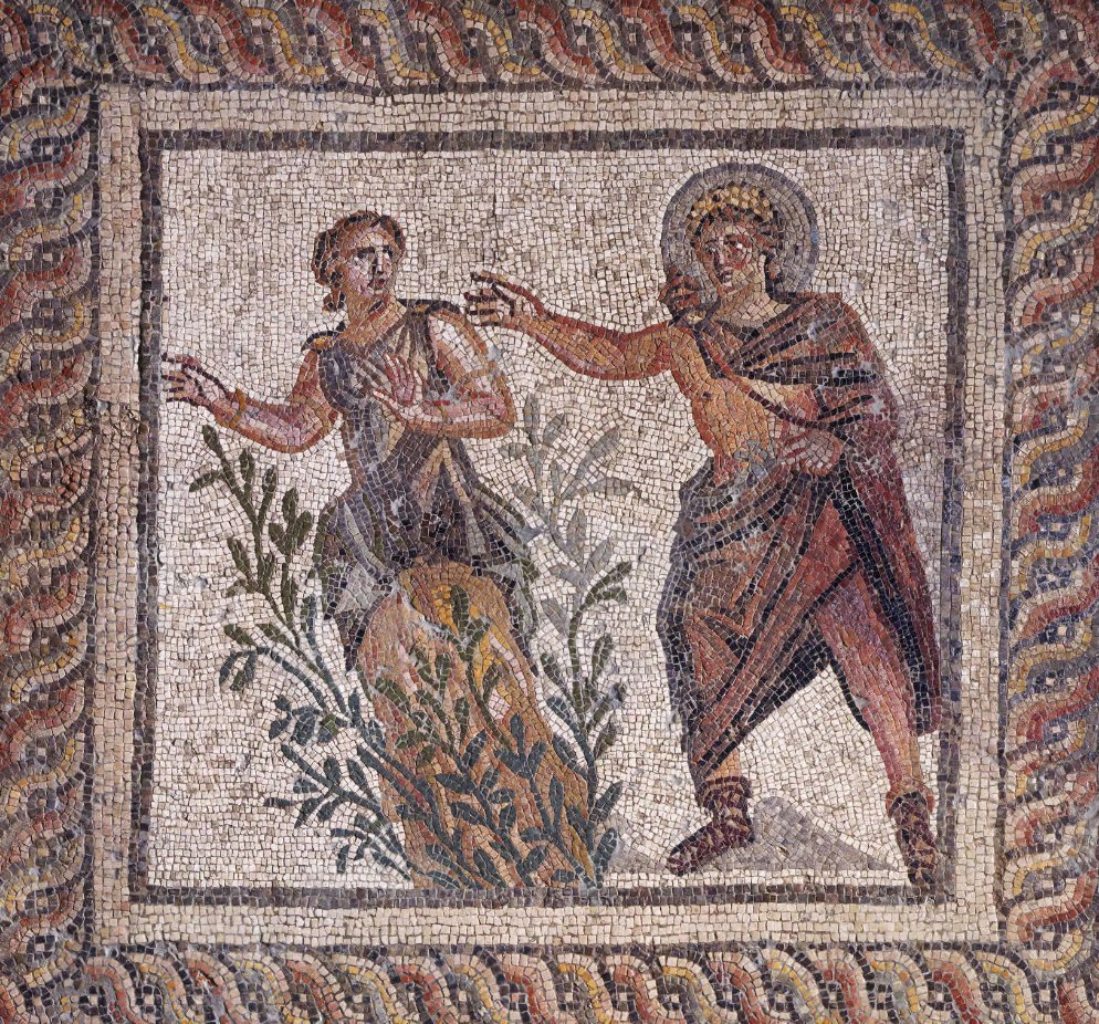 #MosaicMonday - The central emblema of a delicate pavement from Antioch-on-the-Orontes, showing the transformation of Daphne into a laurel as she flees Apollo: ca. Late 3rd Century AD. #Myth #Art Image: Princeton University Art Museum (y1965-219). Link - artmuseum.princeton.edu/collections/ob…