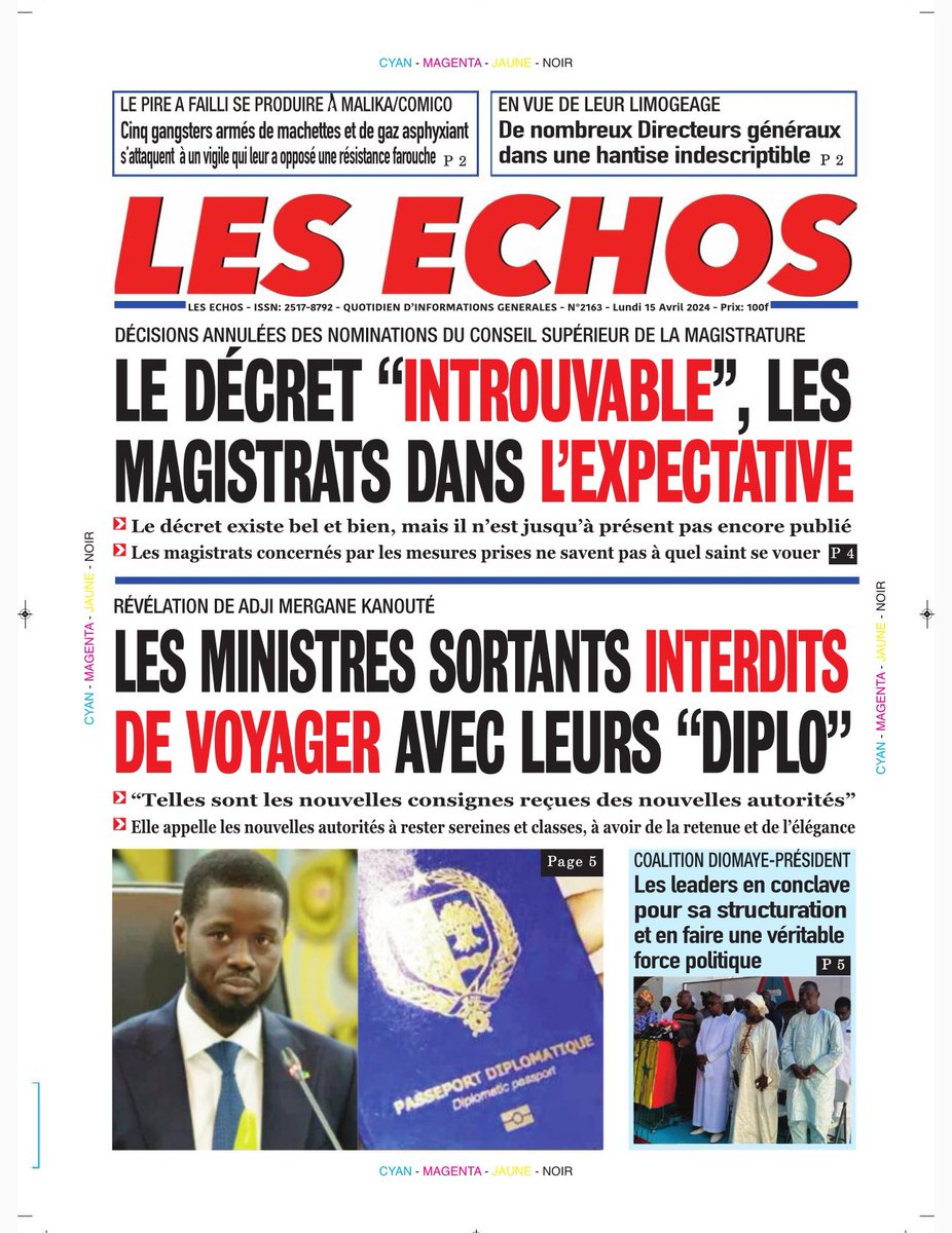 DakarPost221's tweet photo. La Une de votre quotidien Les Échos du Lundi 15 Avril 2024
Bonne Lecture
#LesEchos
#LeGrandJournal
#JournalBuMagBi
#Senegal #Kebetu https://t.co/Jfskfbsv4s