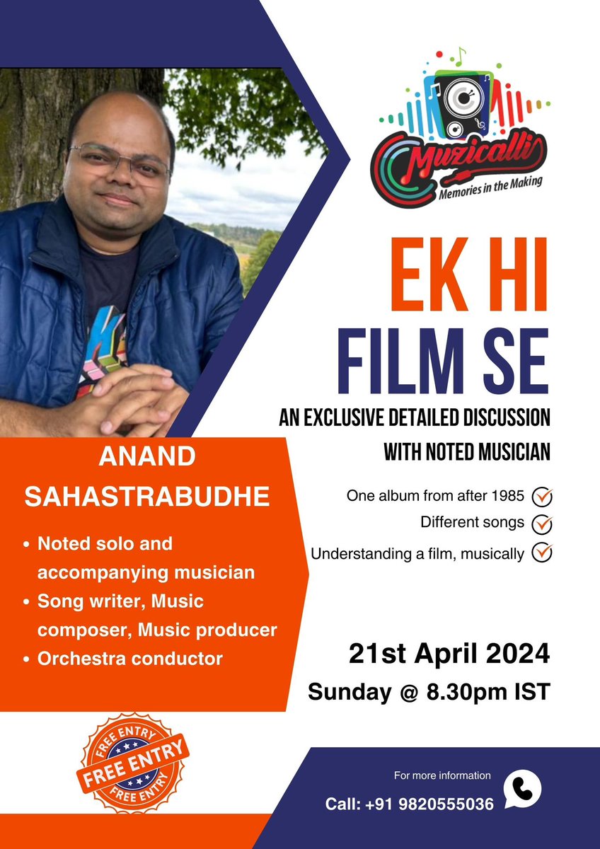 MUZICALLI: EK HI FILM SE, a unique format show trying to understand one film, through its music with noted musician Anand Sahastrabudhe talking about a 90s blockbuster.
ITS FREE FOR ALL, Registration is MANDATORY
Link for registration: 
nostalgiaana.com/muzicalli-week…