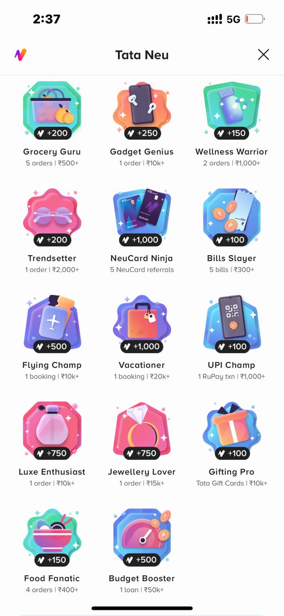 #tataneu rewards league is back
15k rewards
🔥Not as good as last year
🔥2000 Neucoin on 5 badges
🔥5k Taj voucher on 10 badges
Apply for neu card: tatadigital.com/v2/finance/cre…

Website : professortech.in/ProfessorCardz

#ccgeeks #creditcards 

💬DM for any query.  
🔂Repost if this helps you…