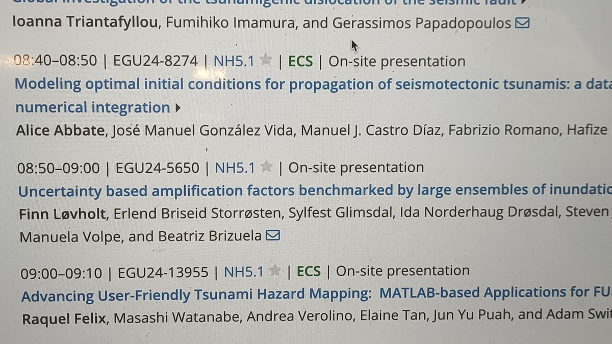 In the first slot at the Tsunami Session this morning at @EuroGeosciences we had 9 presentations, 4 of them coauthored by @EdanyaUMA group members (1) or involving one of our codes (3), surpringsingly 1 Tsunami-HySEA and 2 Multilayer-HySEA!!! @Cheese_CoE @dtgeo_eu @Red_mathin