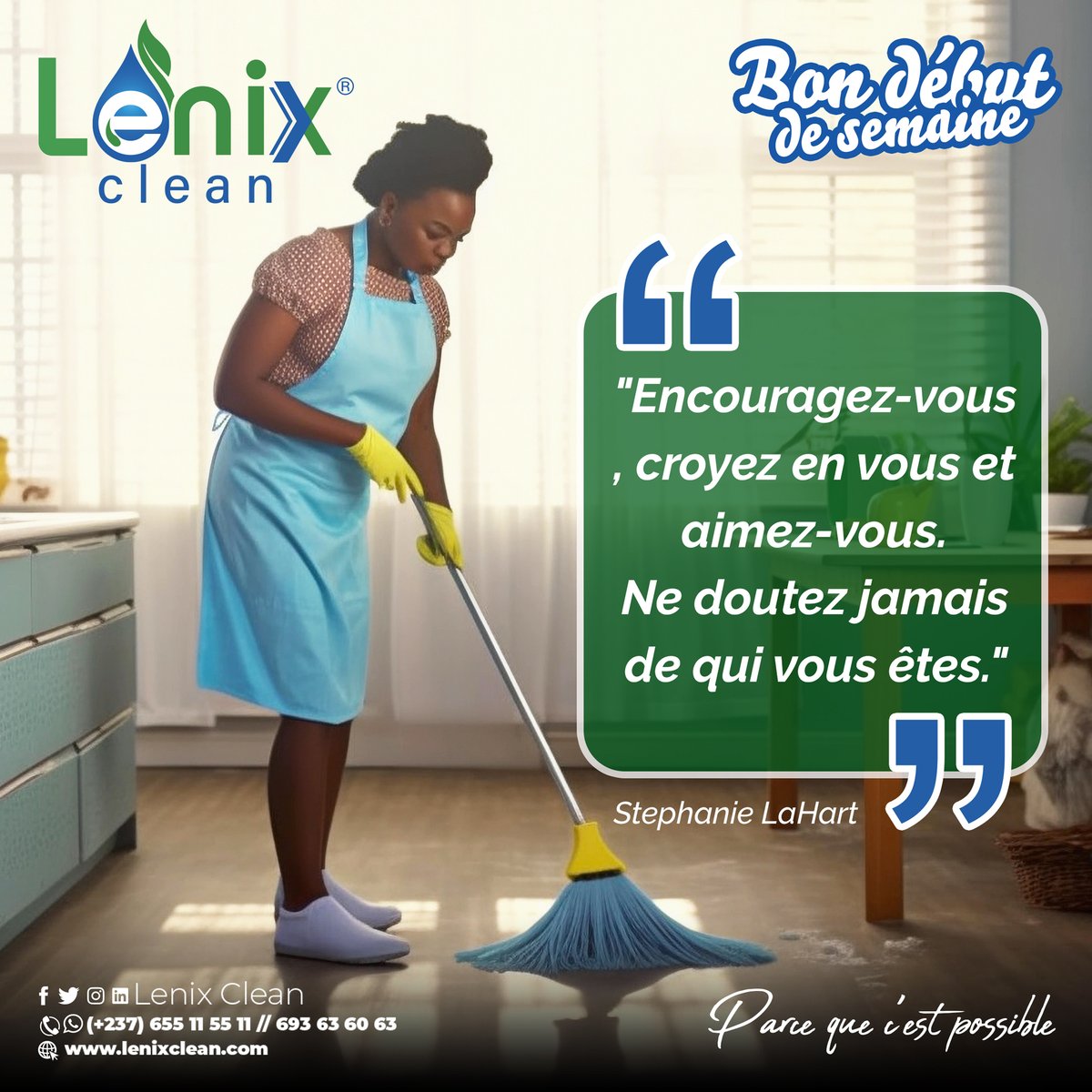LenixClean's tweet photo. #mondaymotivation

"Encouragez vous, croyez en vous et aimez vous. Ne doutez jamais de qui vous êtes." - Stéphanie LaHart
Bon début de semaine à tous.

#LenixClean #lenixcarwash #cleaningservice #nettoyage #cardetailing #catalogue237 #carwash #lavageauto #Douala #camerounaise https://t.co/mjQSnlkRkW