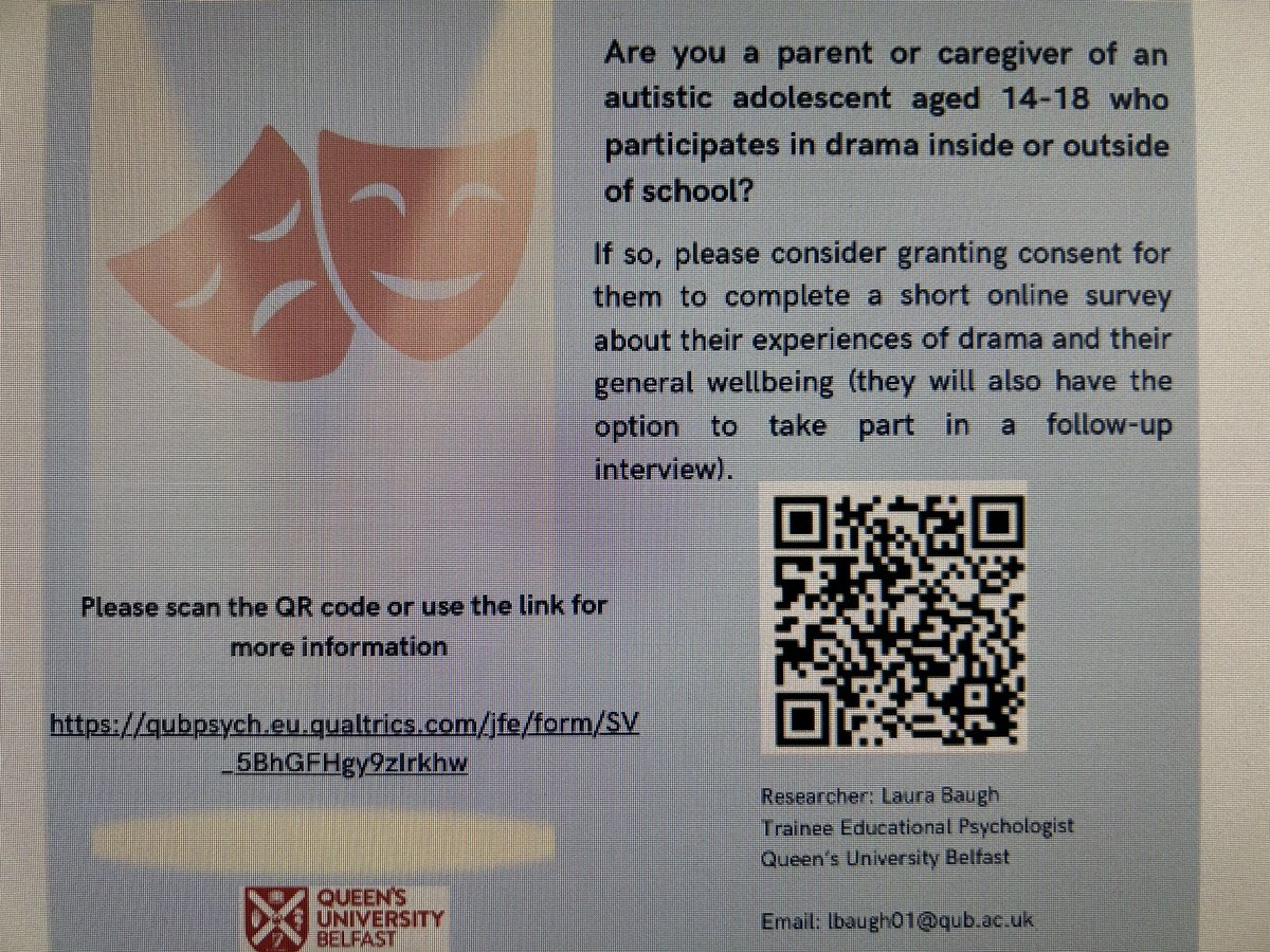 decap_qub's tweet photo. Might you be a parent/carer of an autistic adolescent who participates in drama? Laura Baugh (TEP) would love to hear about their experiences
Click here for more information about Laura’s study 👇
https://t.co/qhctnwyQJB https://t.co/EtdwWwnmX4