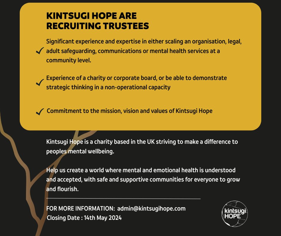 📢Interested in becoming a trustee for Kintsugi Hope? Click for more information and to apply!📢 charityjob.co.uk/volunteer-jobs…