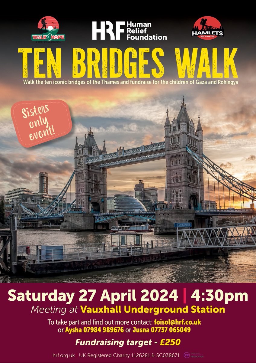 Ready for a post Ramadan challenge? Then it's time to lace up your walking shoes and embark on our Ten bridges walk in aid of the children of Gaza and Rohingya. Gather your friends and secure your tickets now for Saturday, April 27th!