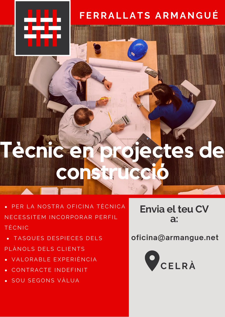 GrupArmangue's tweet photo. Oferta de feina per oficina tècnica de Celrà #Oferta #OfertaLaboral #Feina #tecnic https://t.co/HNnaZI19Mj
