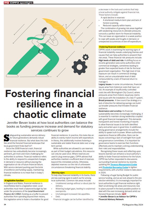 Sustainable service delivery demands robust financial resilience. But what does this look like amid a frenzied landscape? In @PQMagazine, CIPFA FAN Advisor, @JenPope89, discusses balancing the books. Find out more on page 34: issuu.com/pqpublishing/d… #FinancialResilience