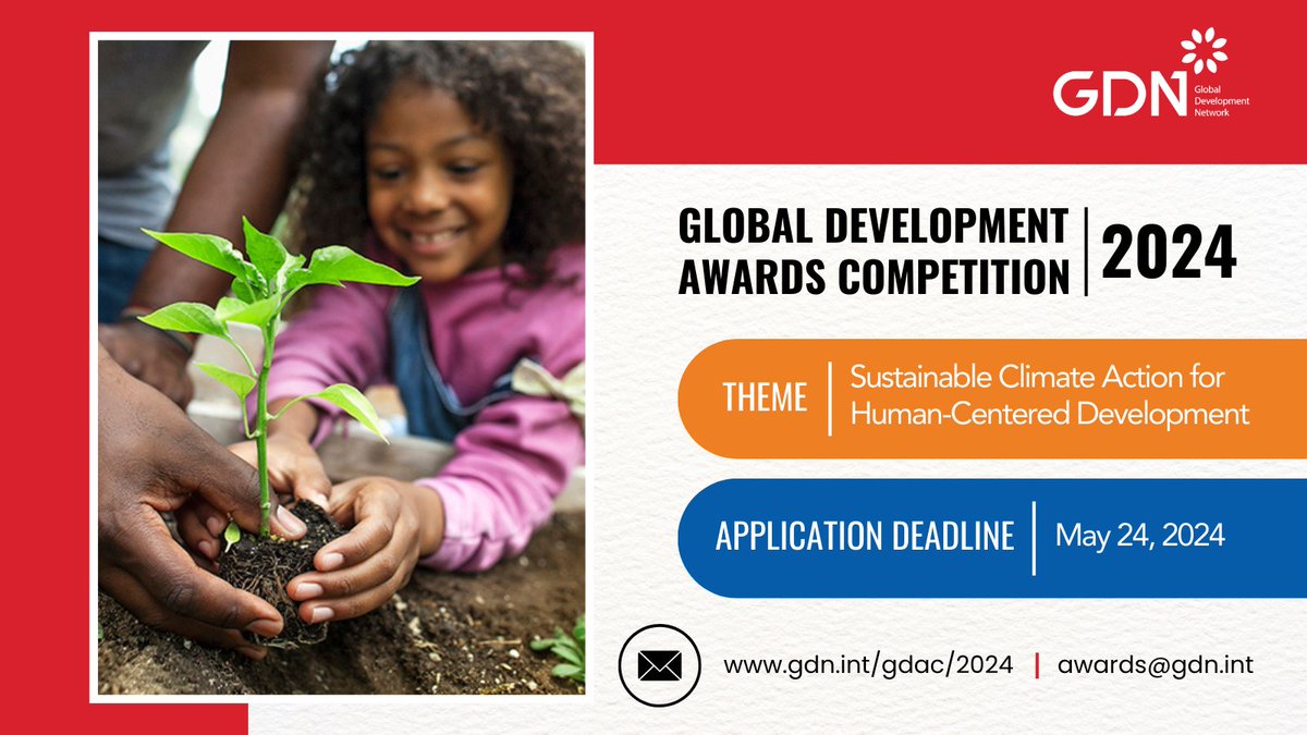 The 2024 edition of the Global Development Awards Competition @GDNint was recently launched under the topic “Sustainable Climate Action for Human-Centered Development” with awards in 2 categories that independently target researchers. The Awards aims to highlight innovative…