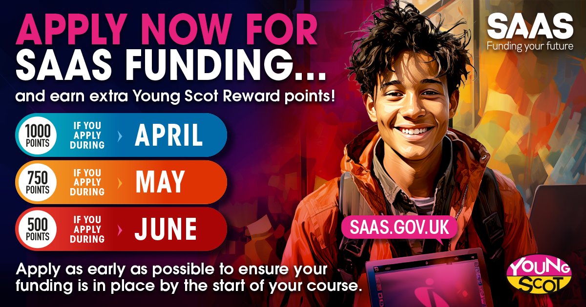 Heading to university this year? 🙋 Make sure to get your tuition fees covered, and any other extra support you need, by applying to SAAS. Get your funding sorted in April and you'll earn 1000 Young Scot Rewards points! Find out more: ow.ly/6nRj50Rf9WX #StartWithSAAS