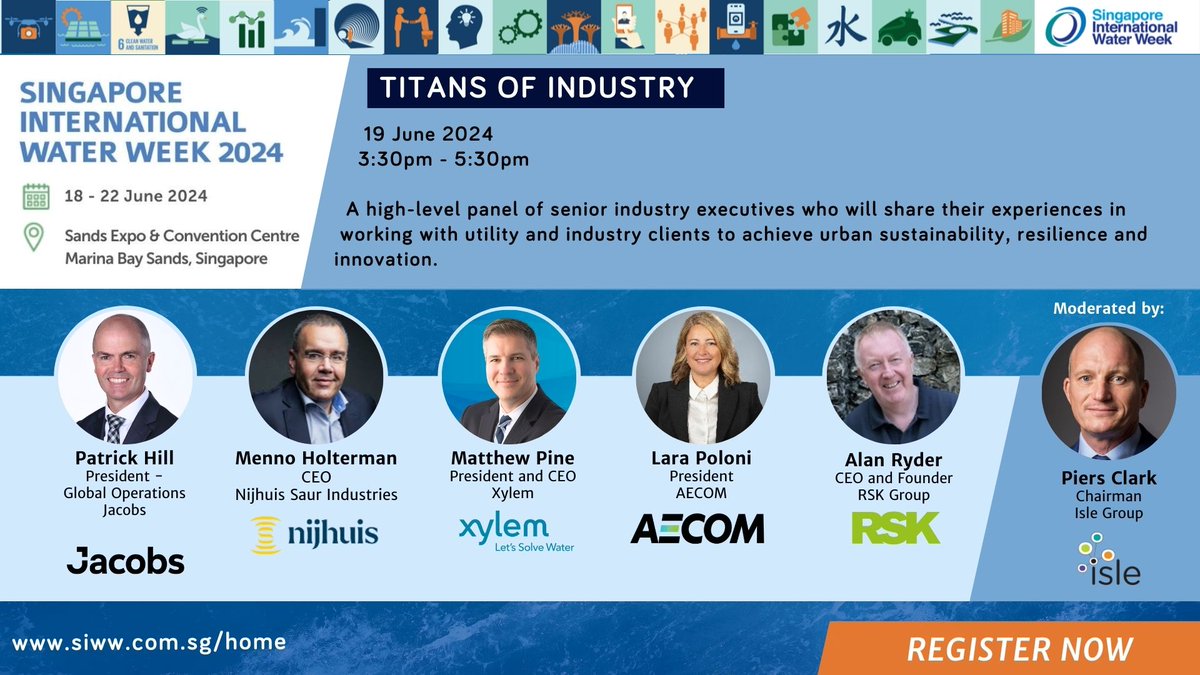 #SIWW2024 Titans of Industry (19 June 2024, 3:30pm – 5:30pm) Hear from industry bigwigs as they share their corporate vision and strategy as leaders in #urbansustainability, #climateresilience and #innovation. Register for SIWW2024 now! lnkd.in/gfhtXBCm